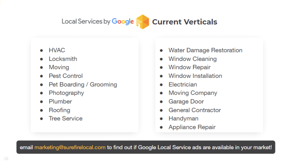 List of Available Professions for Google Local Services